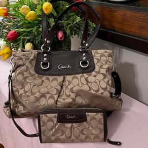 Coach Ashley Signature Sateen Tan and Brown Hobo Shoulder and Wallet PRISTINE!